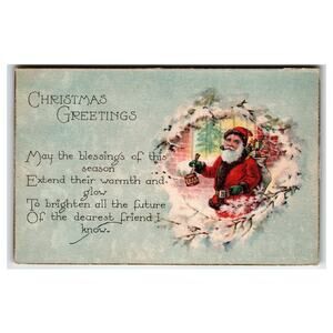 Vintage 1920 Santa Claus Christmas Greetings Postcard - Embossed Holiday Scene